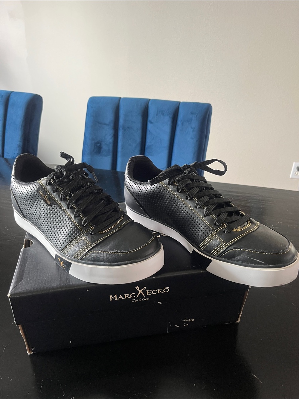Marc Ecko Black Sneakers with White Sole and Gold Stitching
